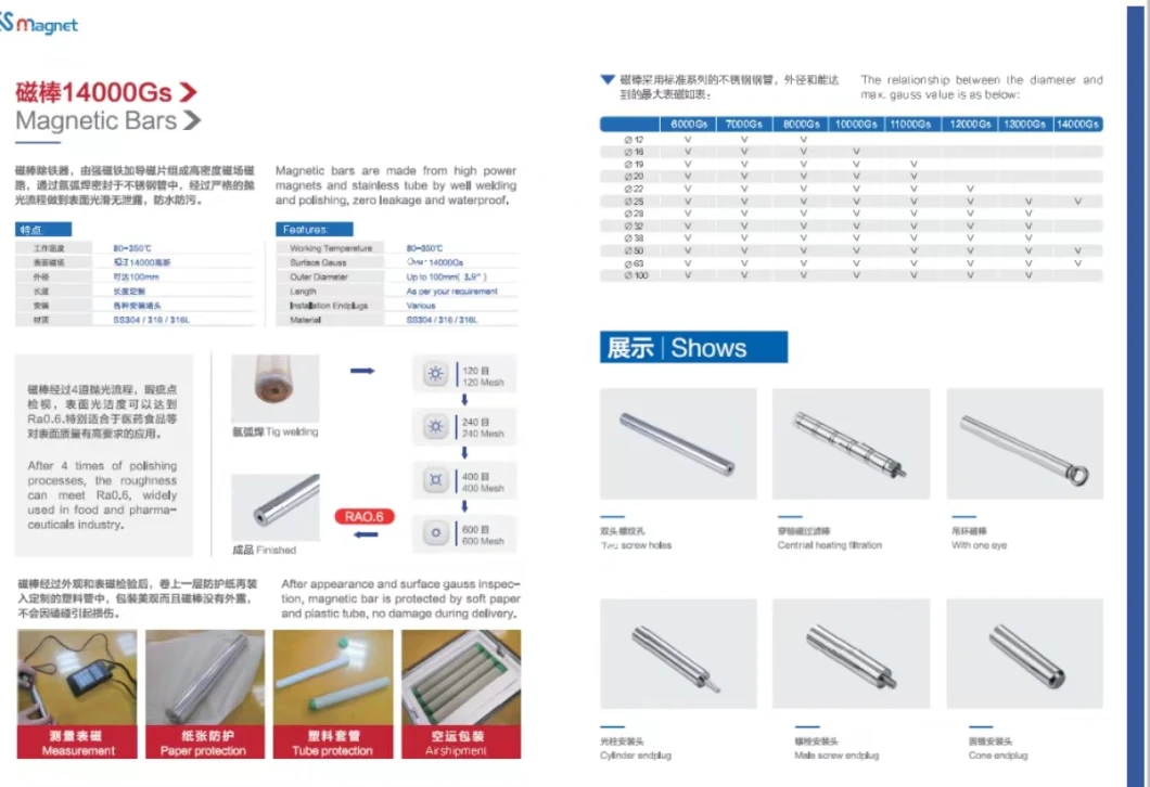 Super Strong Force 4000 Gauss, 10000gauss 13000 Gauss SS316 SS304 Magnetic Rod Magnetic Bar